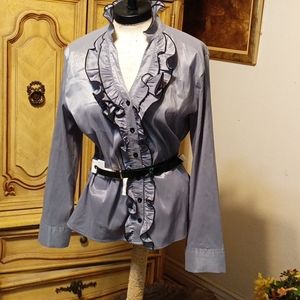 Women Blouse button up gray frilly ruffles long sleeve Event top UZ-SA